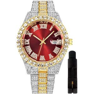Men XL Face Silver Gold Red Iced-Out Bling Diamond Luxury Quartz Watch with Date